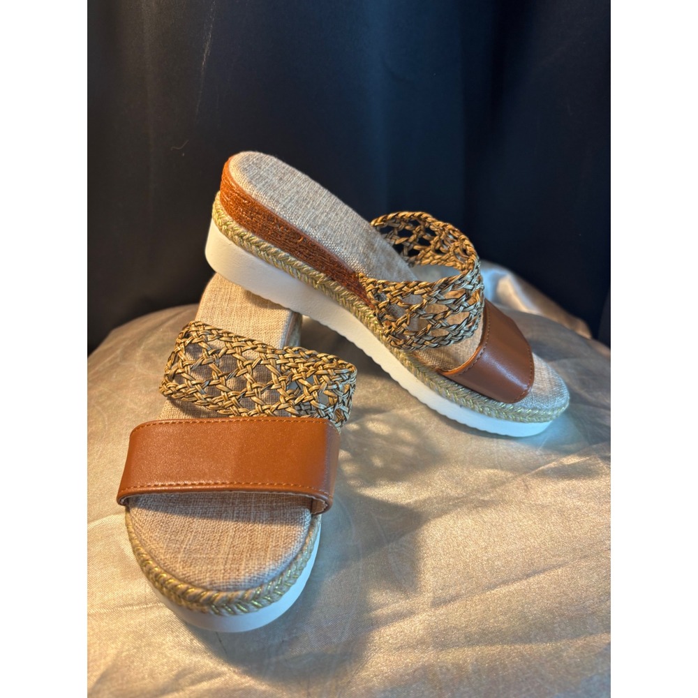 Woven Platform Slide Sandals Cognac Brown Gold Braided Espadrille Flatform 35